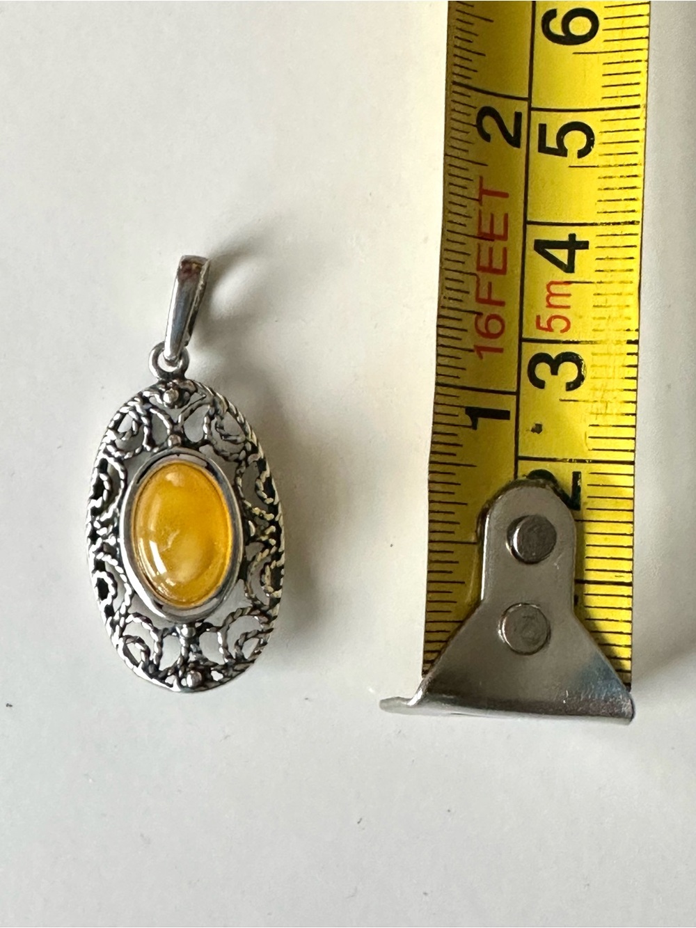 925 Sterling Silver Ornate Filigree Yellow Stone Pendant - Picture 7 of 7